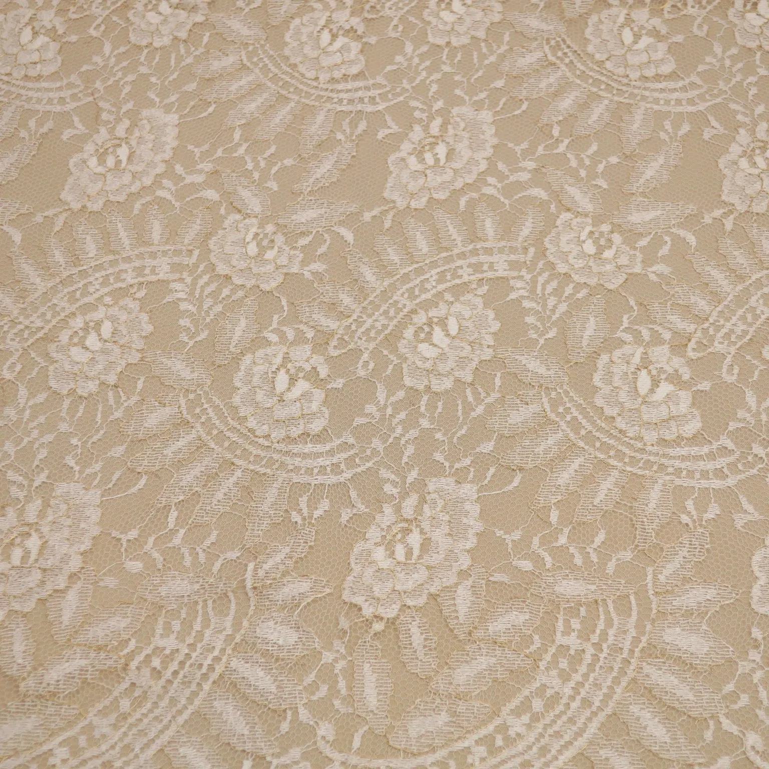 White and Gold Embroidered Chantilly Floral Double Scalloped Lace