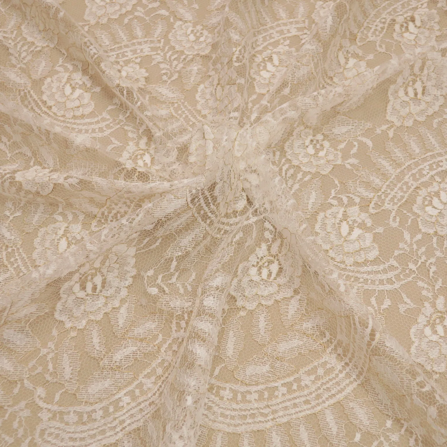 White and Gold Embroidered Chantilly Floral Double Scalloped Lace