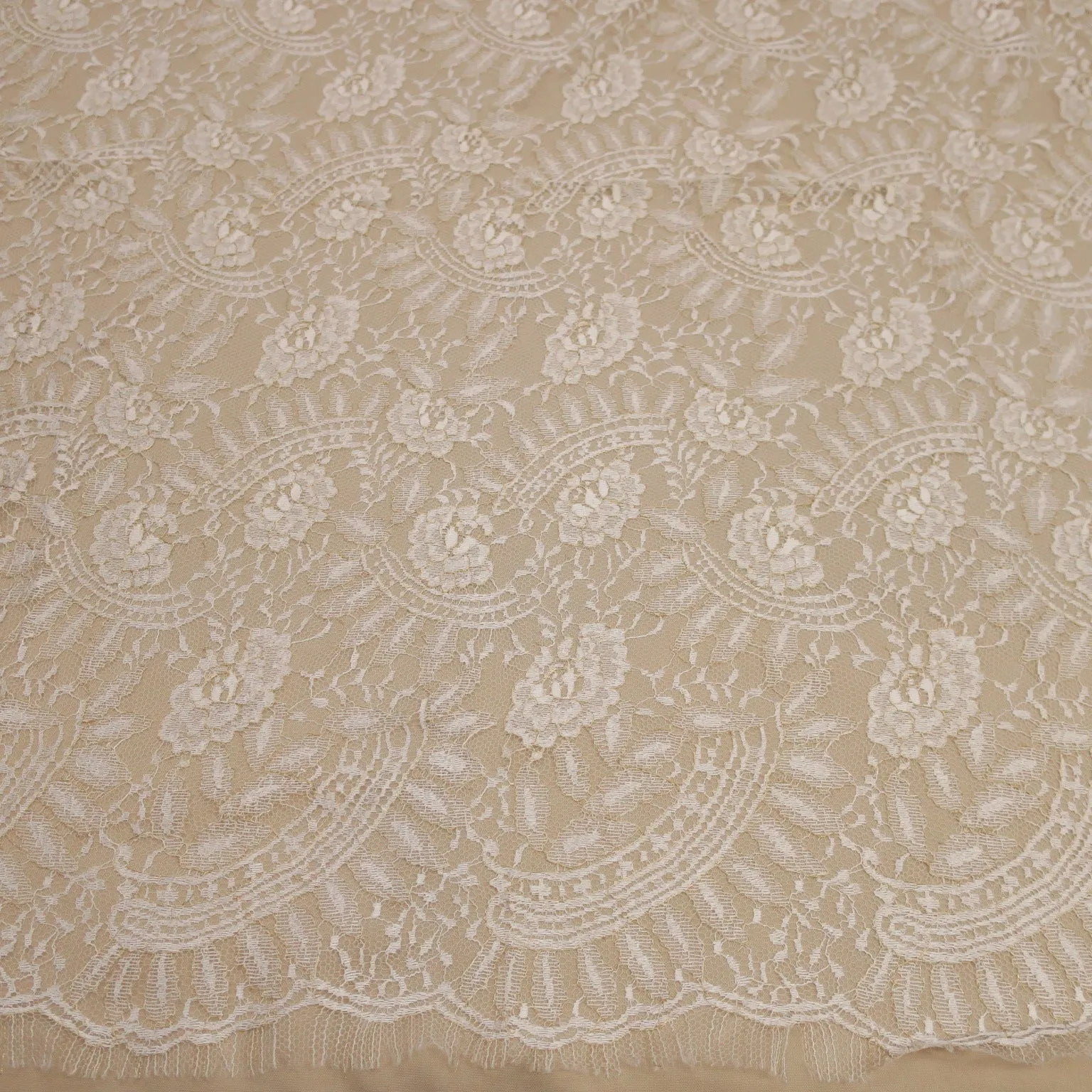 White and Gold Embroidered Chantilly Floral Double Scalloped Lace