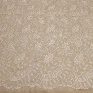 White and Gold Embroidered Chantilly Floral Double Scalloped Lace