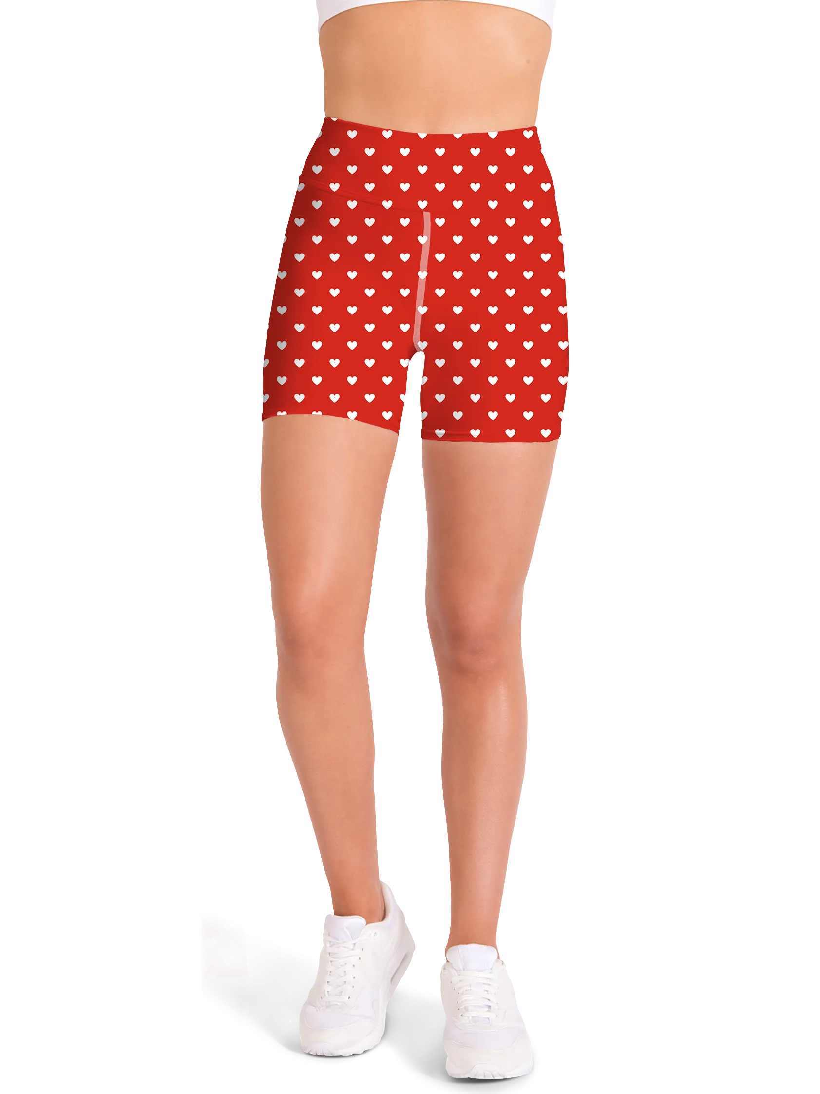 White Mini Hearts Red Yoga Shorts