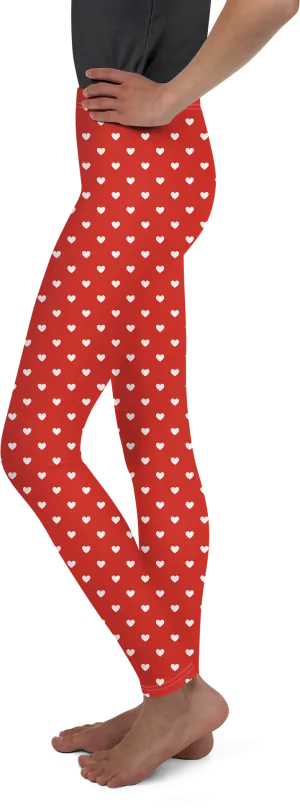 White Mini Hearts Red Youth Leggings