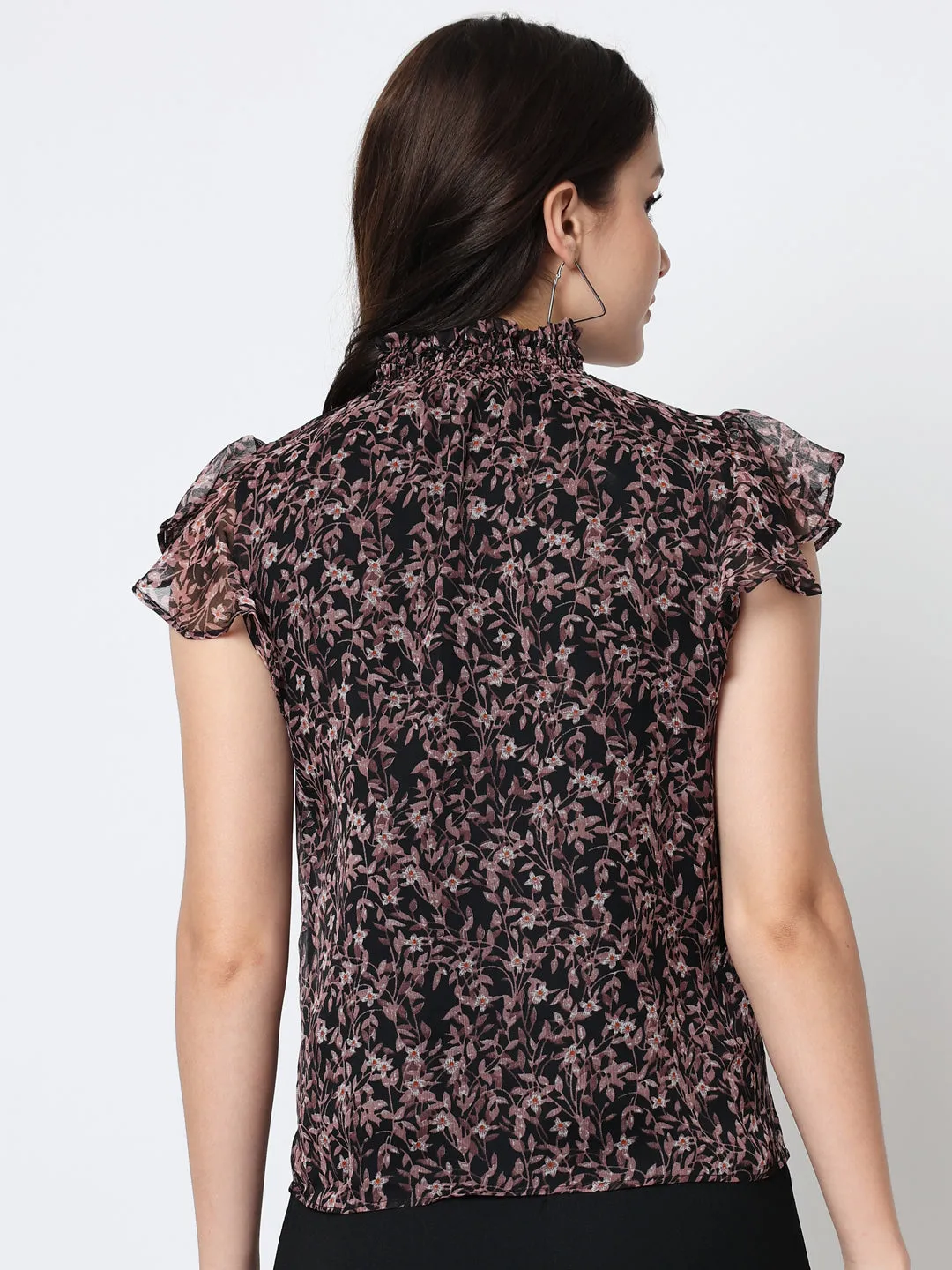 Women Floral Print Chiffon Black Top