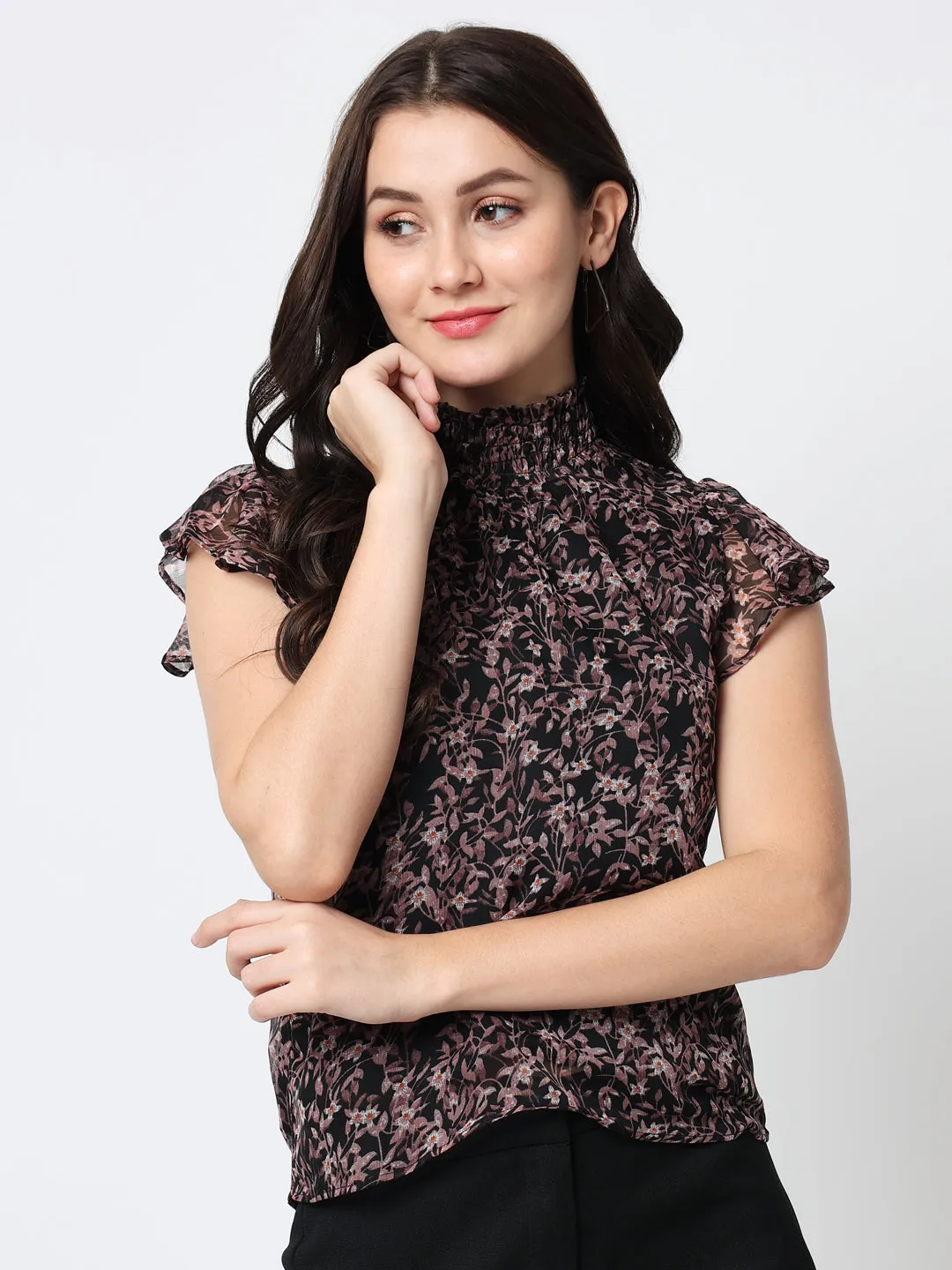 Women Floral Print Chiffon Black Top