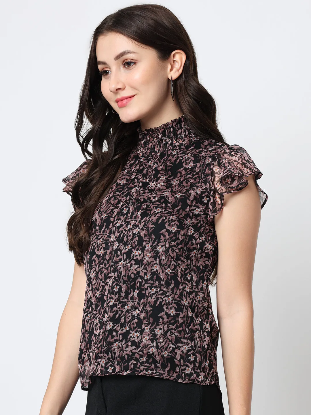 Women Floral Print Chiffon Black Top