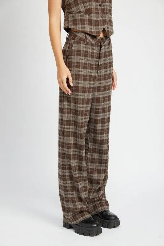 Womens Dark Brown Plaid High Waist Trouser Pants