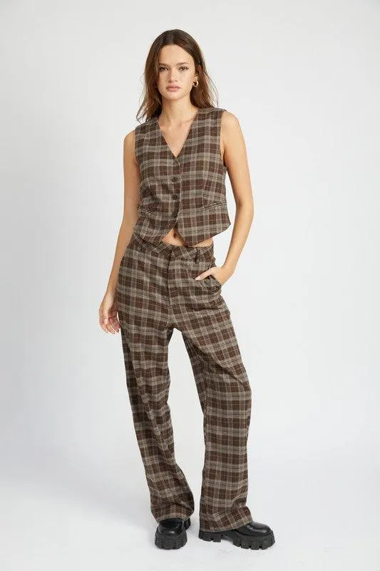 Womens Dark Brown Plaid High Waist Trouser Pants