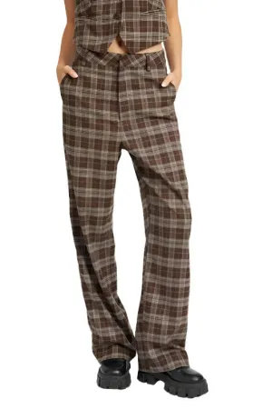 Womens Dark Brown Plaid High Waist Trouser Pants