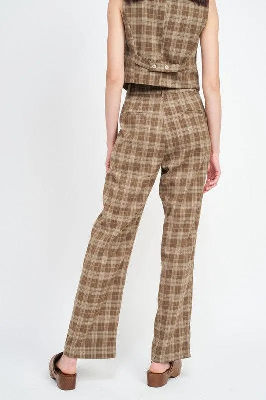 Womens Dark Brown Plaid High Waist Trouser Pants