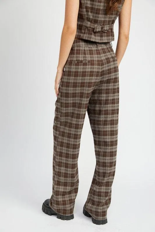 Womens Dark Brown Plaid High Waist Trouser Pants