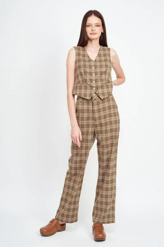 Womens Dark Brown Plaid High Waist Trouser Pants