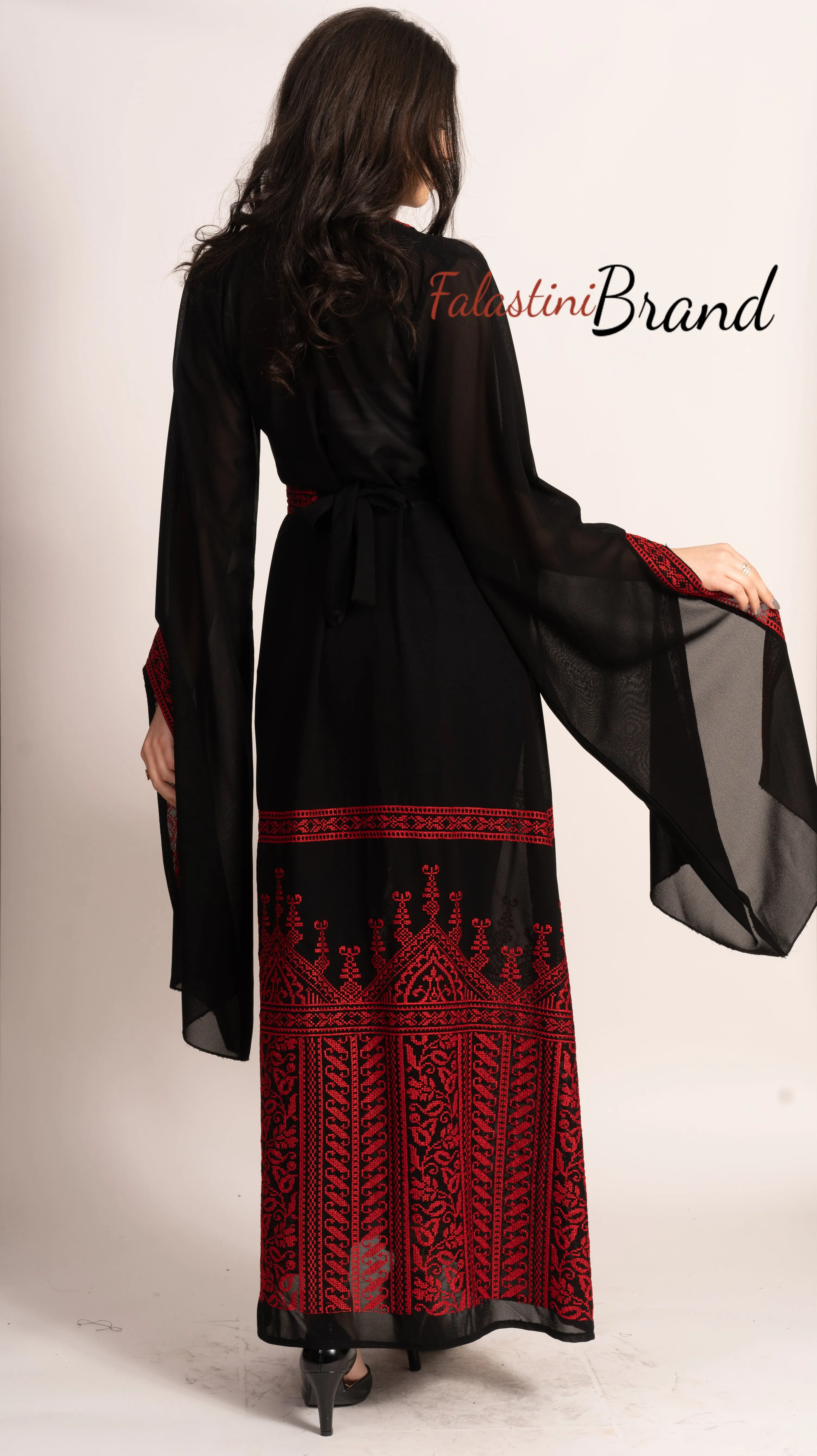 Wonderful Palestinian Black & Red Georgette Embroidered Open Abaya Long Slit Sleeve