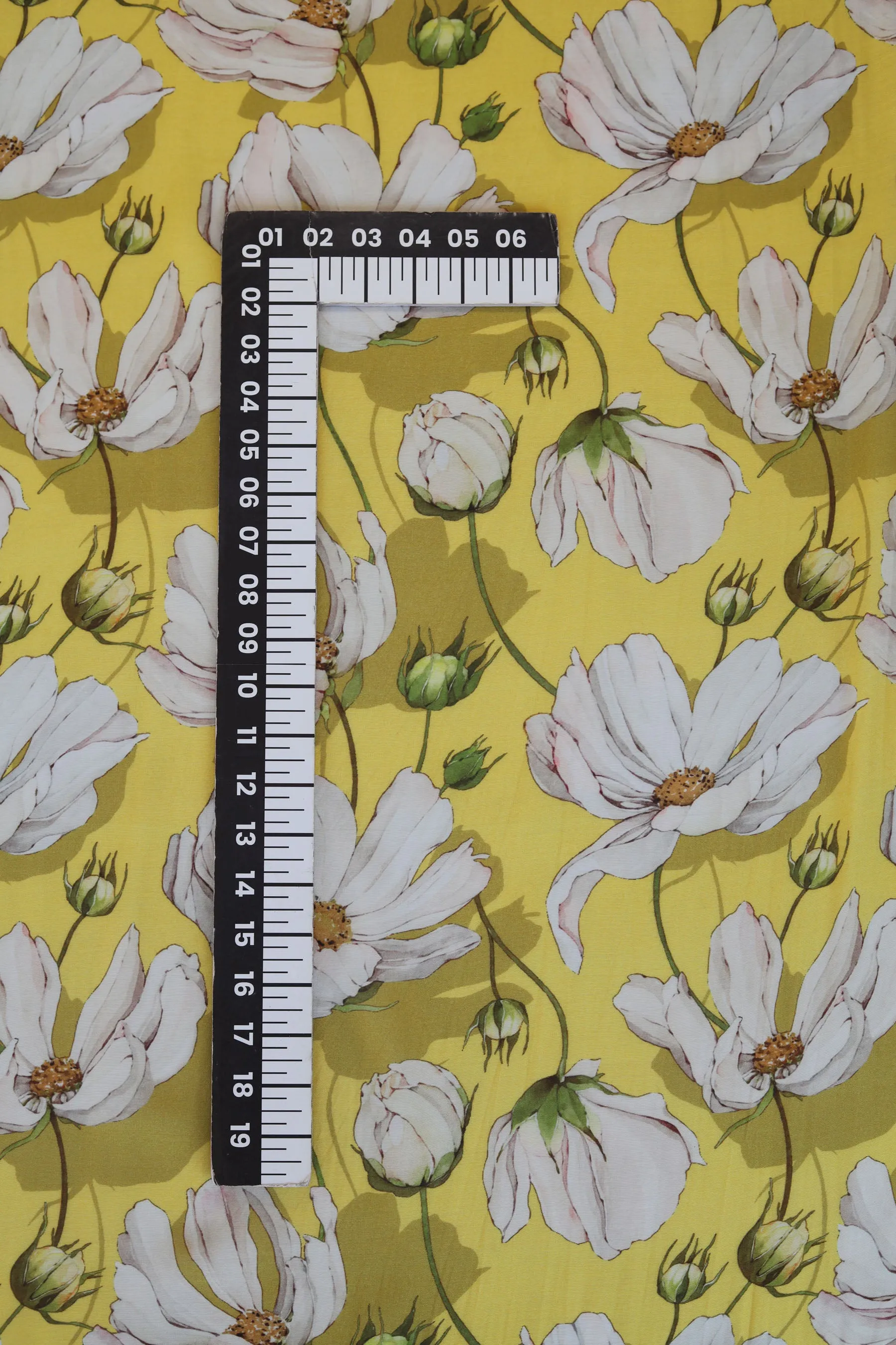 Yellow and White Floral Pattern Printed Natural Muslin Silk Fabric