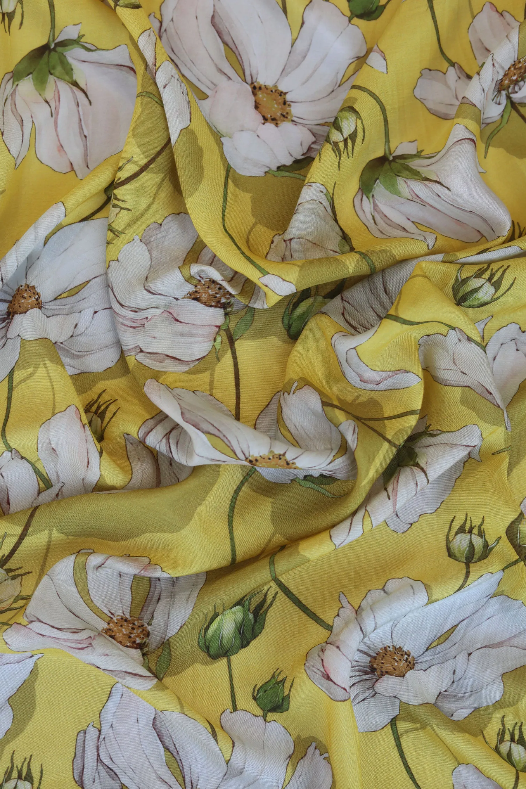 Yellow and White Floral Pattern Printed Natural Muslin Silk Fabric