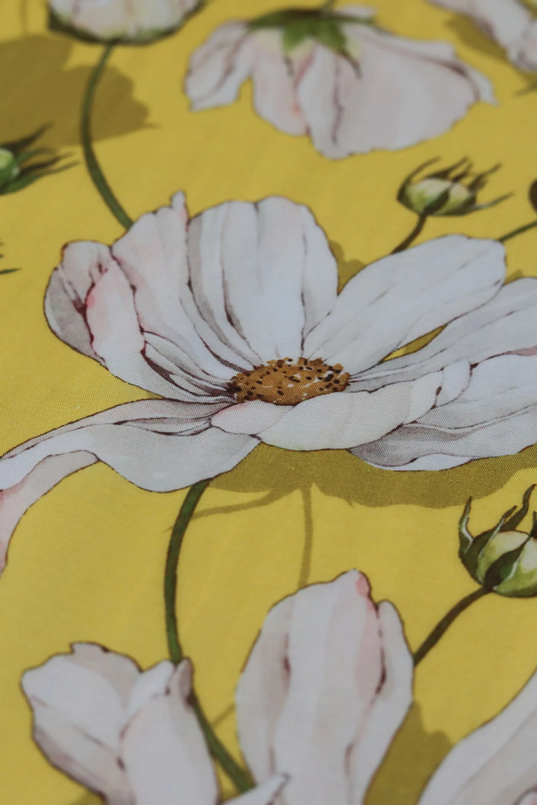 Yellow and White Floral Pattern Printed Natural Muslin Silk Fabric