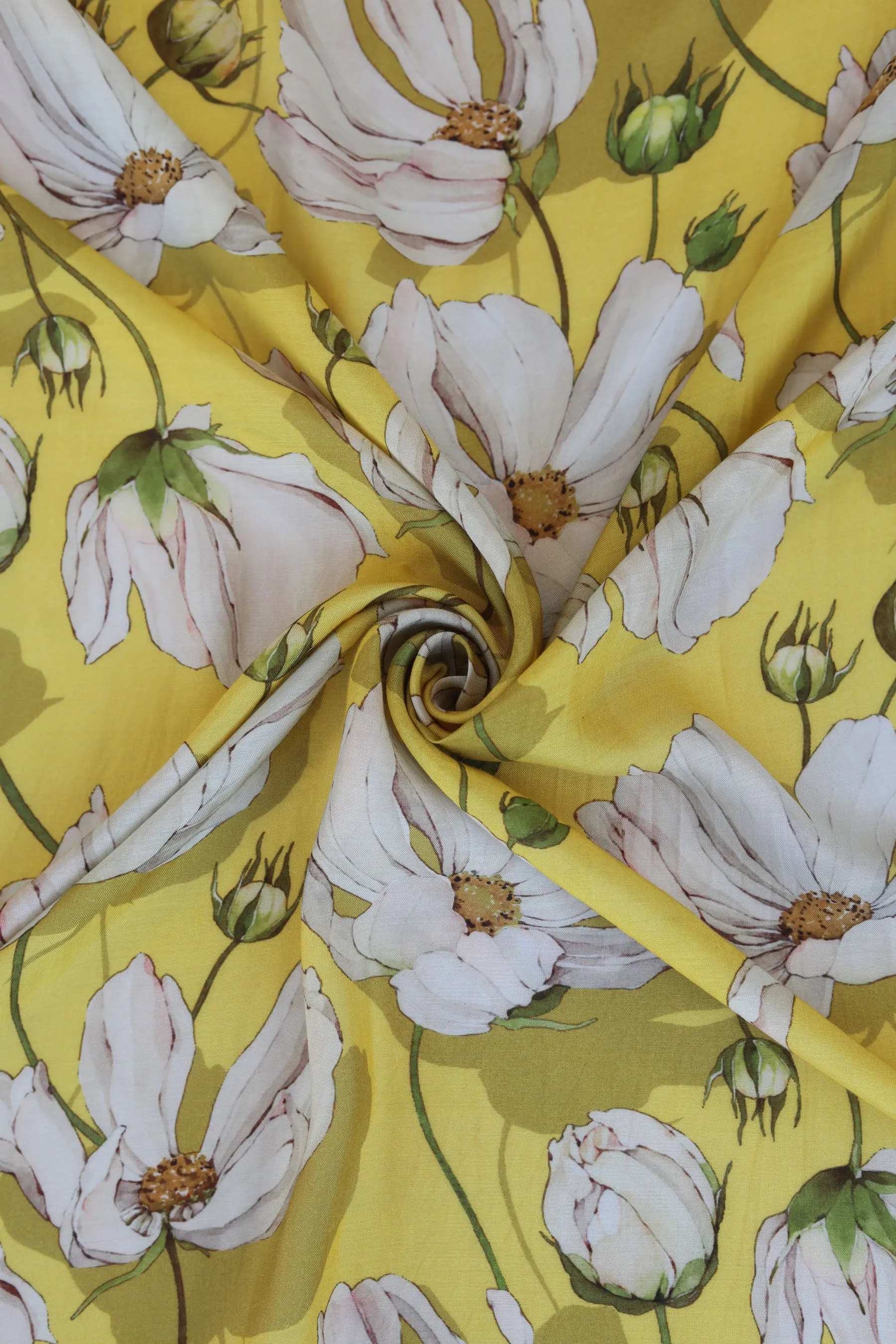 Yellow and White Floral Pattern Printed Natural Muslin Silk Fabric