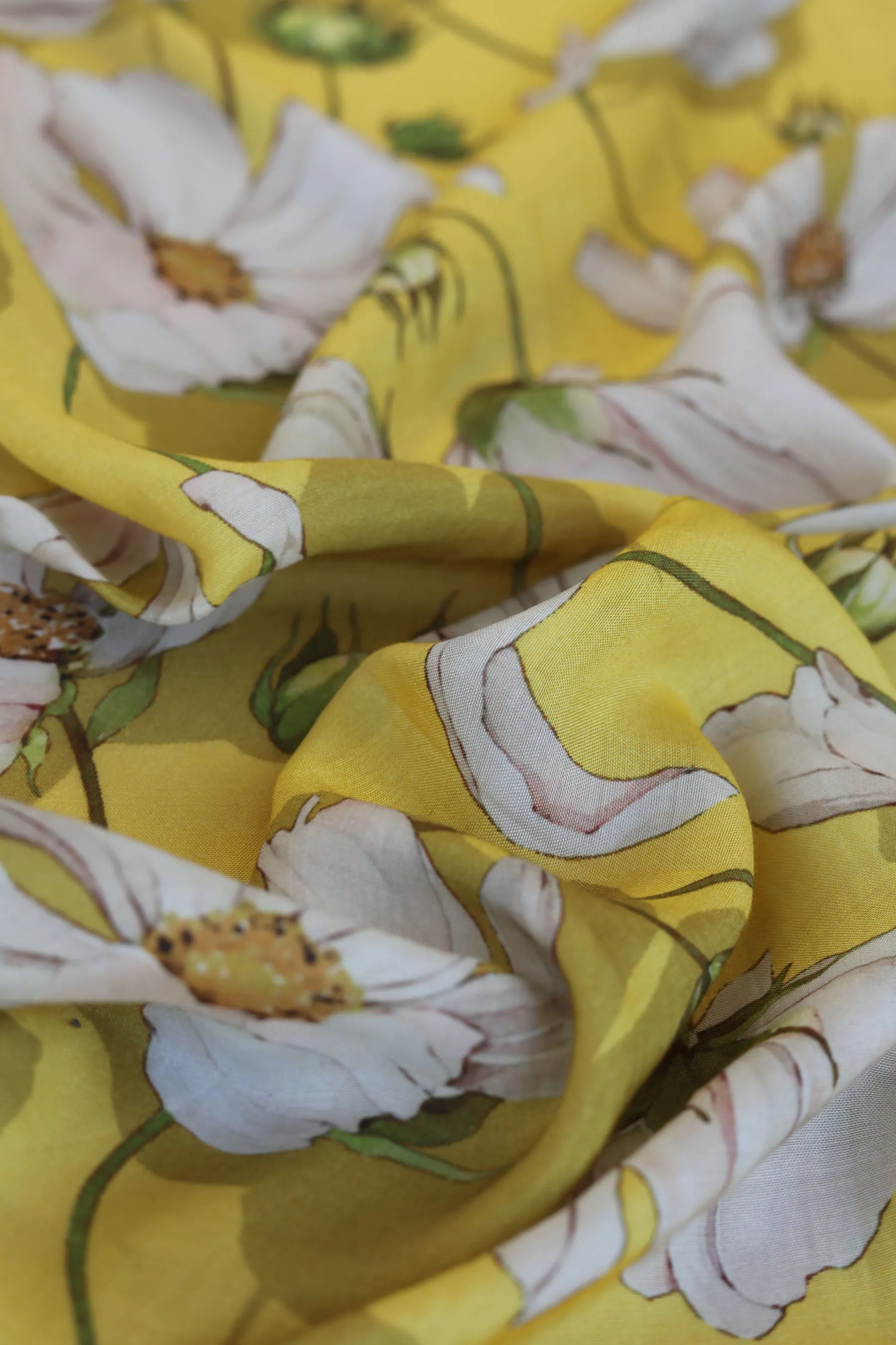 Yellow and White Floral Pattern Printed Natural Muslin Silk Fabric